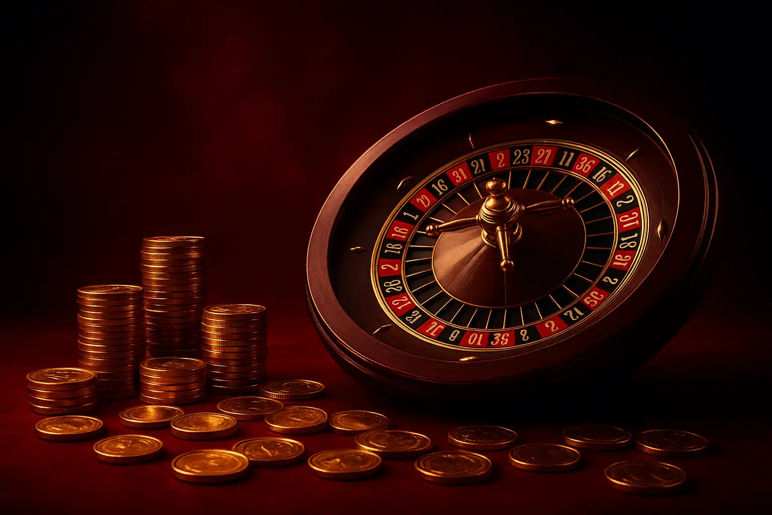 Luxurious Goldspinia Casino table with gold coins and ruby lighting