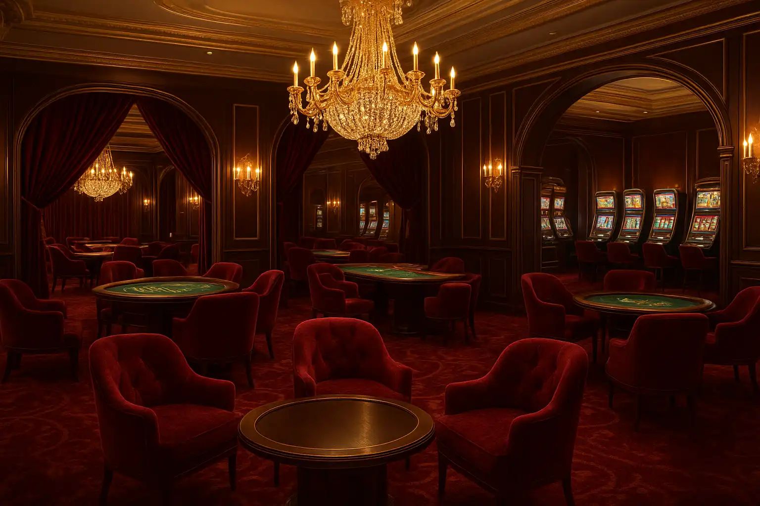 Luxurious burgundy and gold casino lounge interior